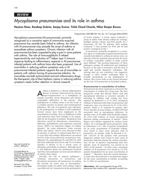 Mycoplasma pneumoniae and Its Role a